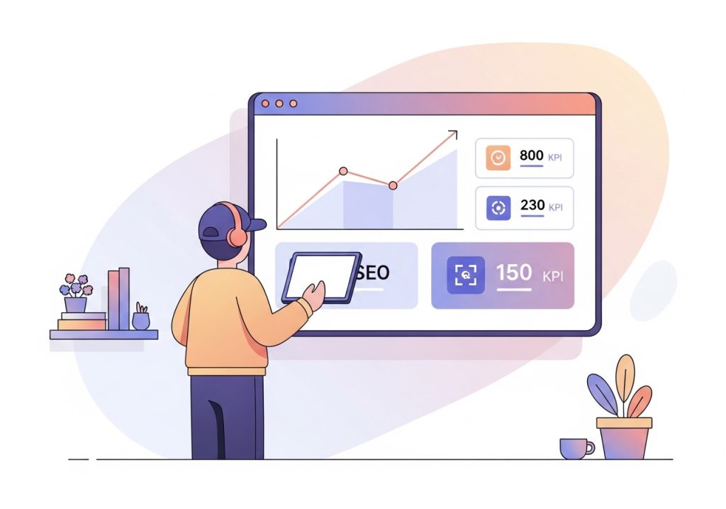A professional monitoring SEO keyword performance on a data analytics dashboard.