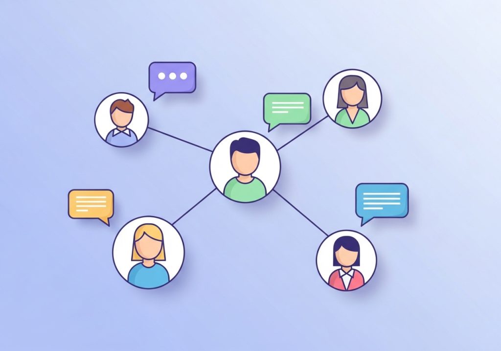 Icons representing people in an online community discussing topics related to blog promotion.