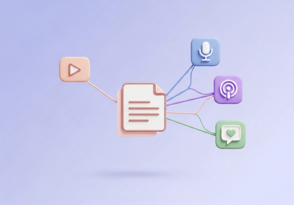 Diagram showing how a blog post can be repurposed into video, podcast, and social media content.