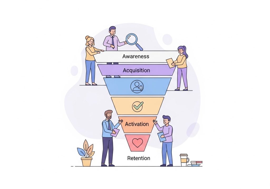 Illustration of the SaaS sales funnel, showing stages from awareness to customer retention.