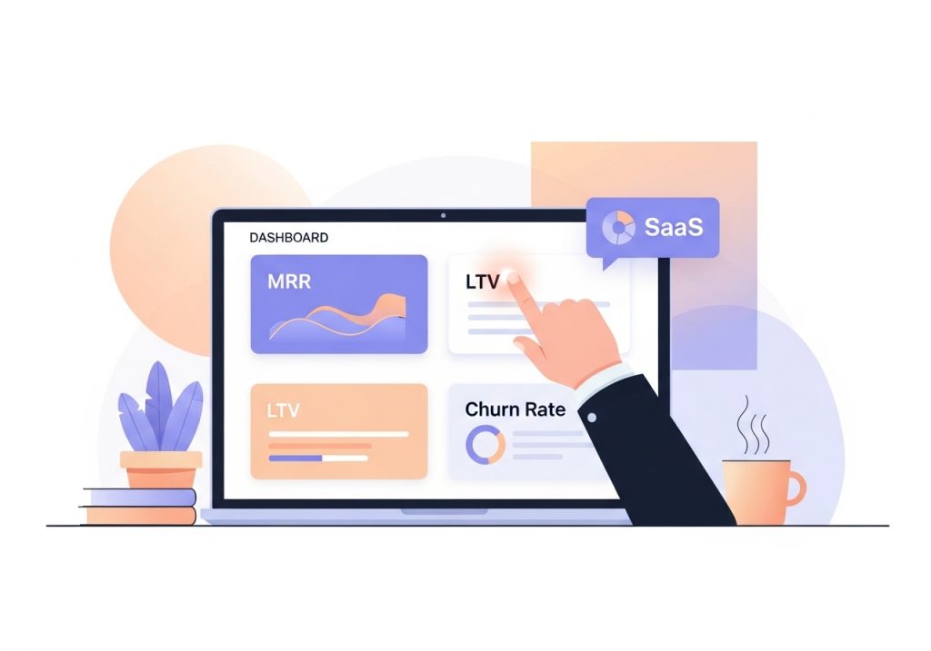 A dashboard displaying key SaaS sales metrics like MRR, LTV, and Churn Rate.