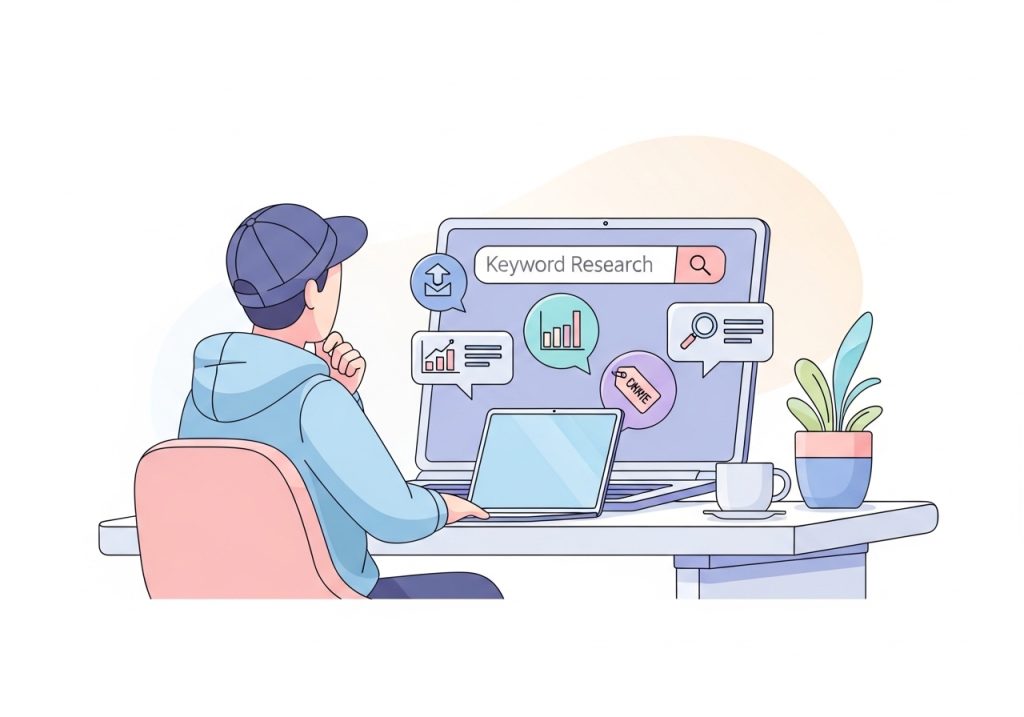 A person conducting keyword research for SEO content on a laptop.