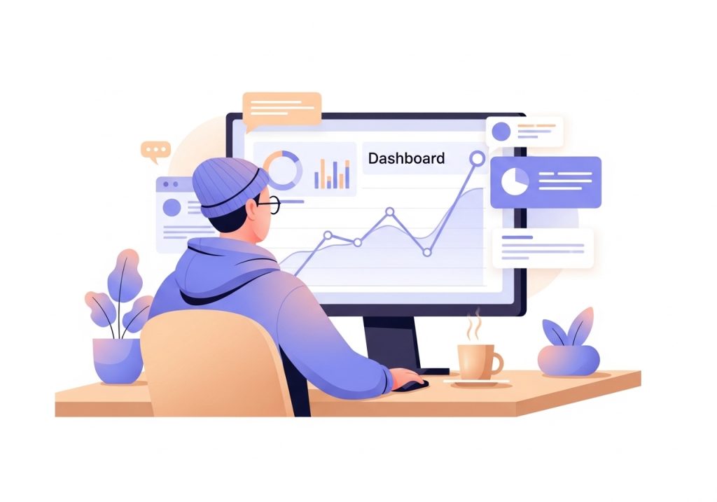 An analyst reviewing performance metrics and upward-trending charts from an SEO automation tool's dashboard.