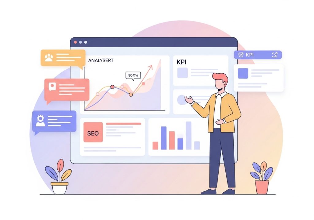 An analyst monitoring off page SEO performance on a large dashboard with charts and graphs.