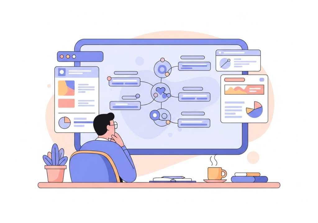 An illustration showing a marketer performing keyword research on a computer to find search terms.