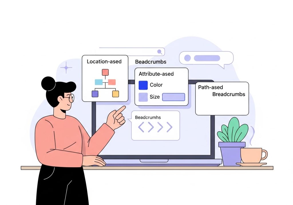 Illustration of the three types of SEO breadcrumbs: location, attribute, and path.