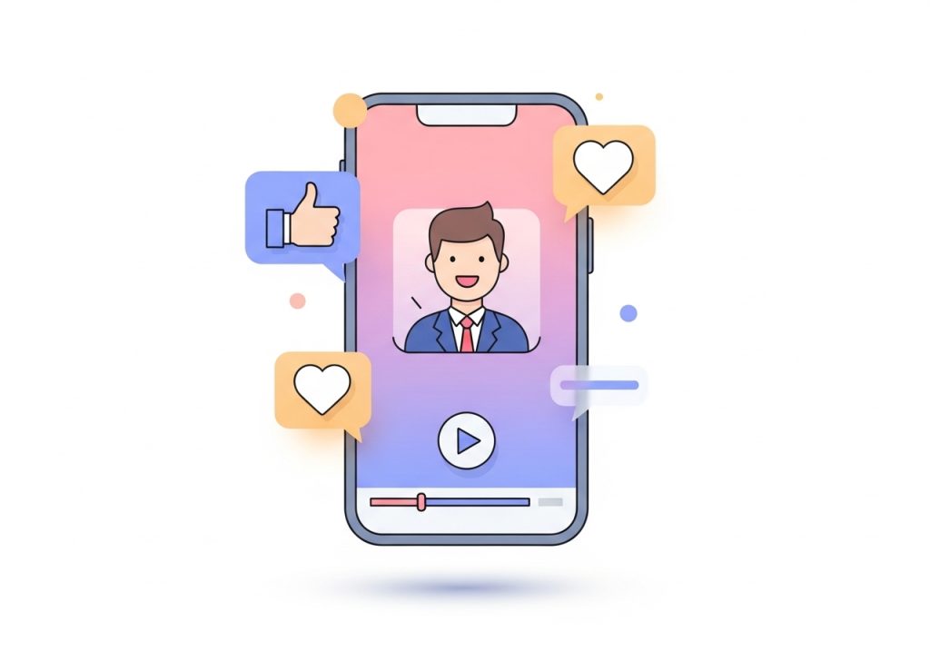 Illustration of a video testimonial example playing on a smartphone screen.