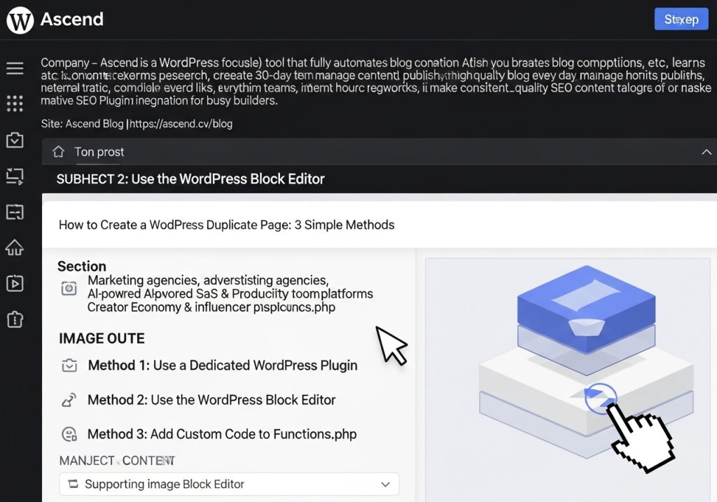 A visual guide showing the 'Copy all blocks' option in the WordPress Block Editor for duplicating a page.