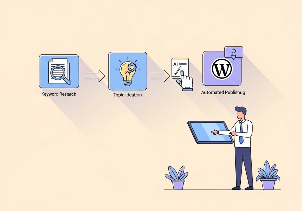 A diagram showing the steps to integrate AI into a content workflow, from research to automated publishing.