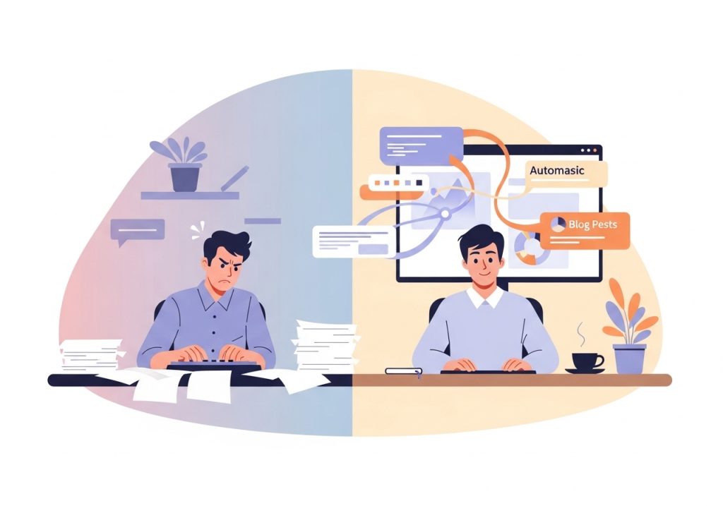 An illustration comparing a manual content process with an efficient, AI-automated workflow, highlighting key benefits.