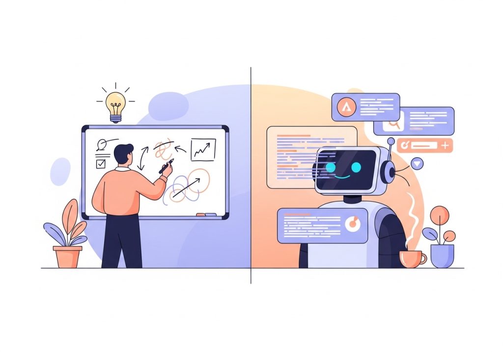 An illustration depicting the collaboration between a human strategist and an AI tool for SEO copywriting tasks.