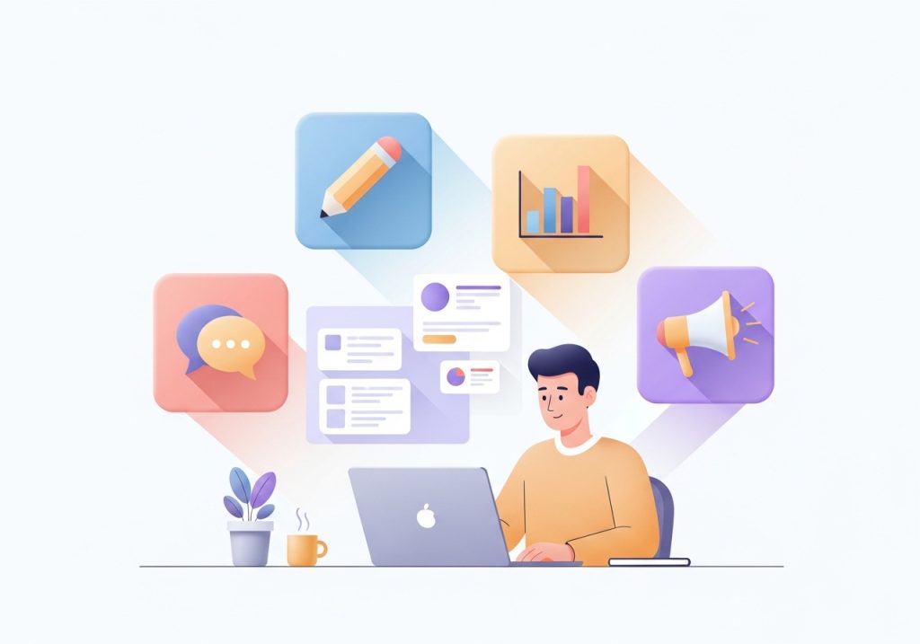 Illustration showing the key categories of AI marketing tools, including content, analytics, and advertising.