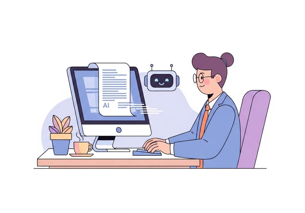 A writer using an AI assistant on their computer to help draft a blog post more quickly and efficiently.