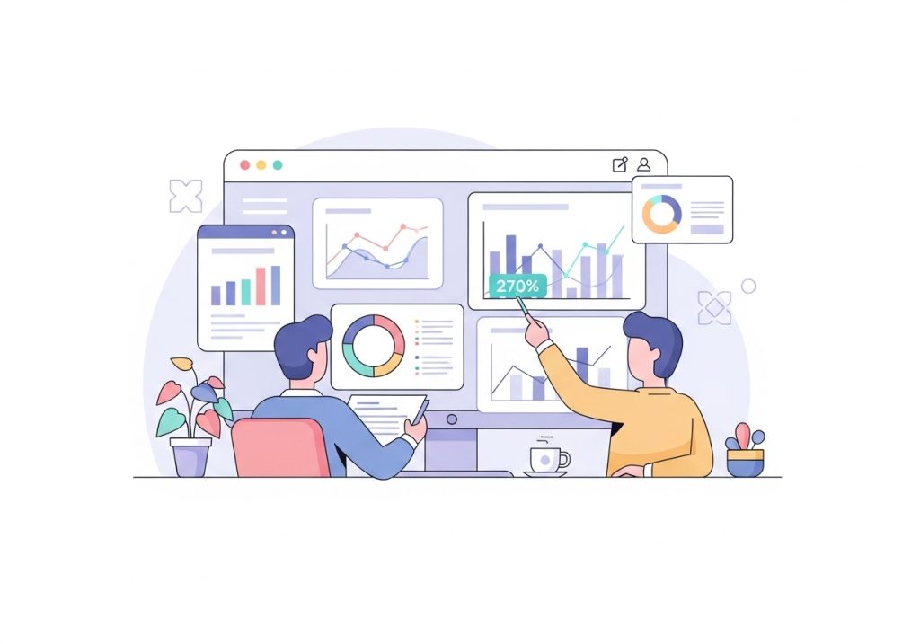 An illustration of marketing professionals analyzing performance data on a dashboard to refine their SEO strategy.