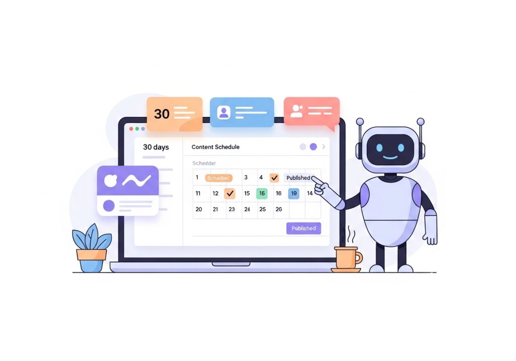 An illustration of the Ascend AI dashboard automating a content calendar for SEO blog posts.
