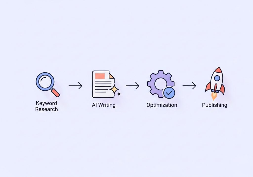 A flowchart showing the process of automated content marketing, from keyword research to publishing.