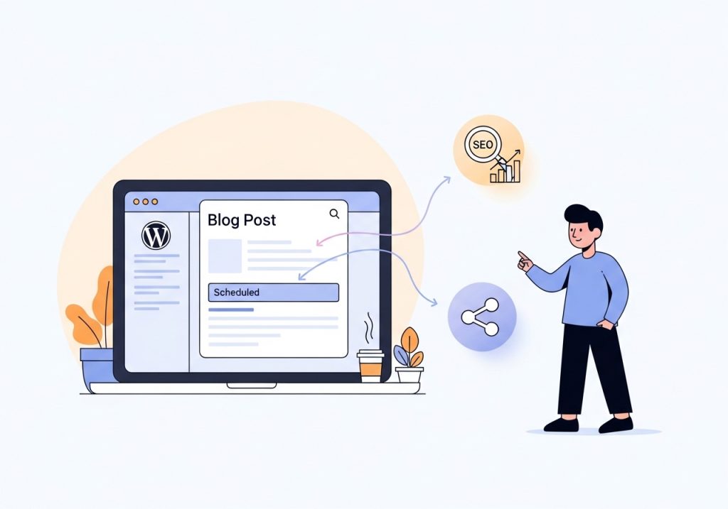 An automated workflow showing a blog post being published from a WordPress dashboard to multiple channels.