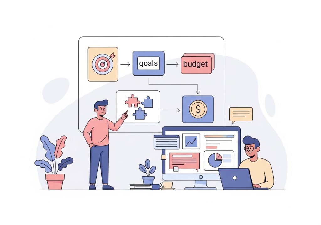 A professional using a framework to choose the right AI marketing tools, considering goals and integration.