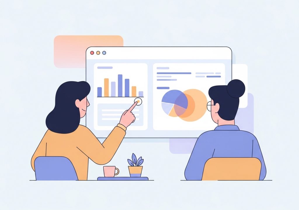Illustration of a team conducting competitor keyword analysis on a large dashboard.