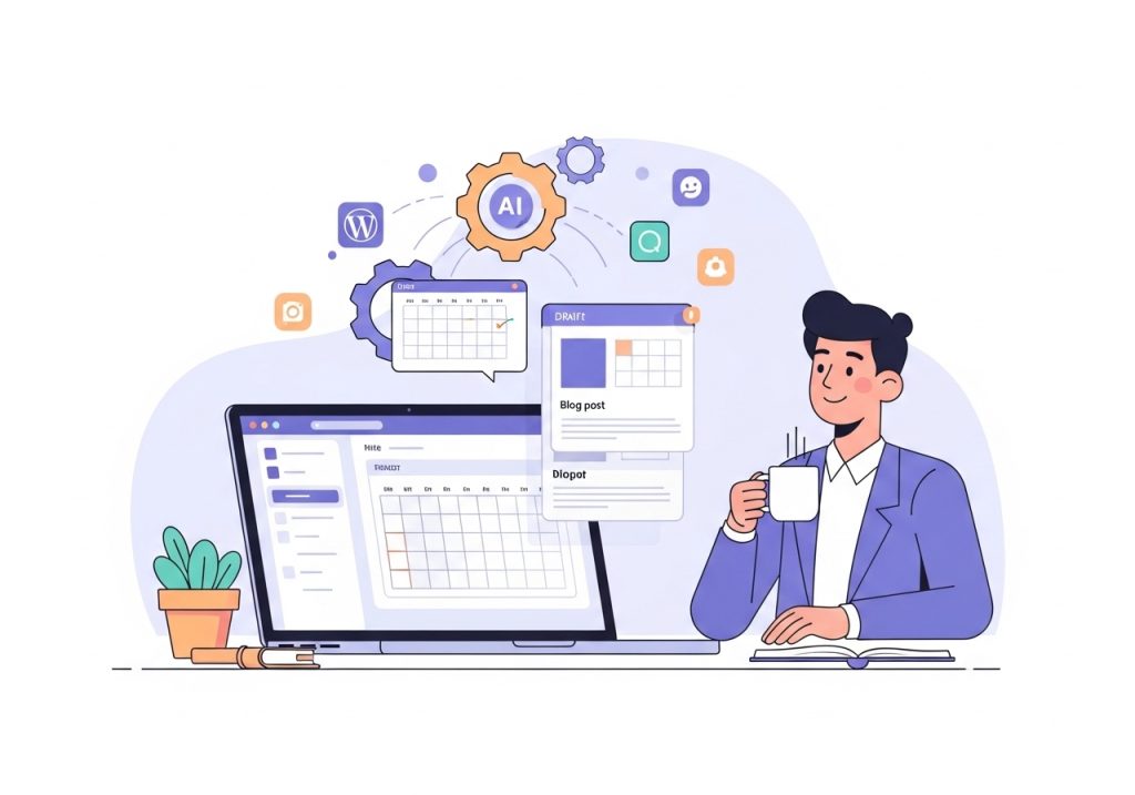 Illustration showing AI and automation tools helping to scale content marketing directly within a WordPress dashboard.