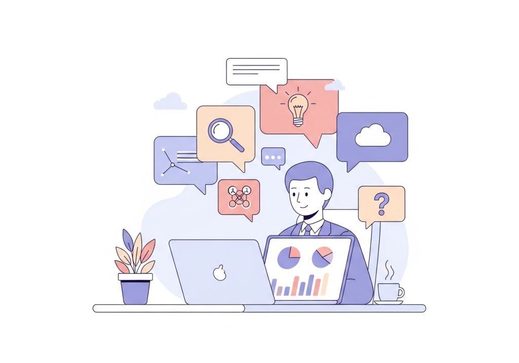 Vector illustration of a content strategist conducting keyword research for a content calendar.