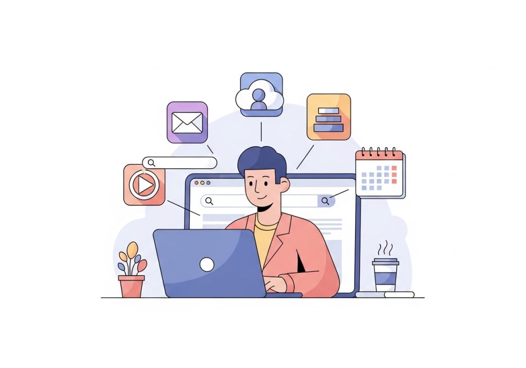 Illustration of a user interacting with a connected ecosystem of digital products, a successful brand extension example.