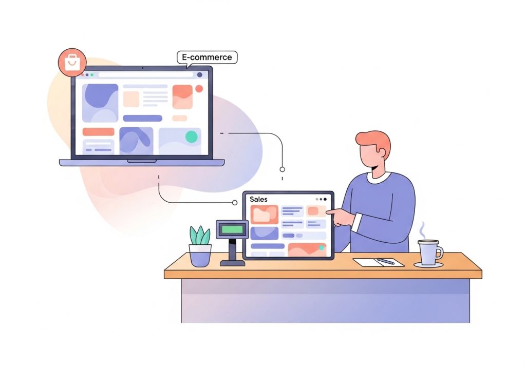 A vector illustration of connected e-commerce and point-of-sale systems, demonstrating a brand extension into retail hardware.