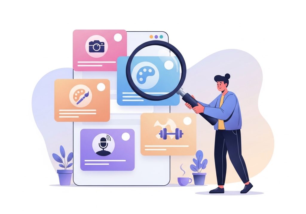 Illustration of a marketer researching and selecting Instagram influencers for a campaign.