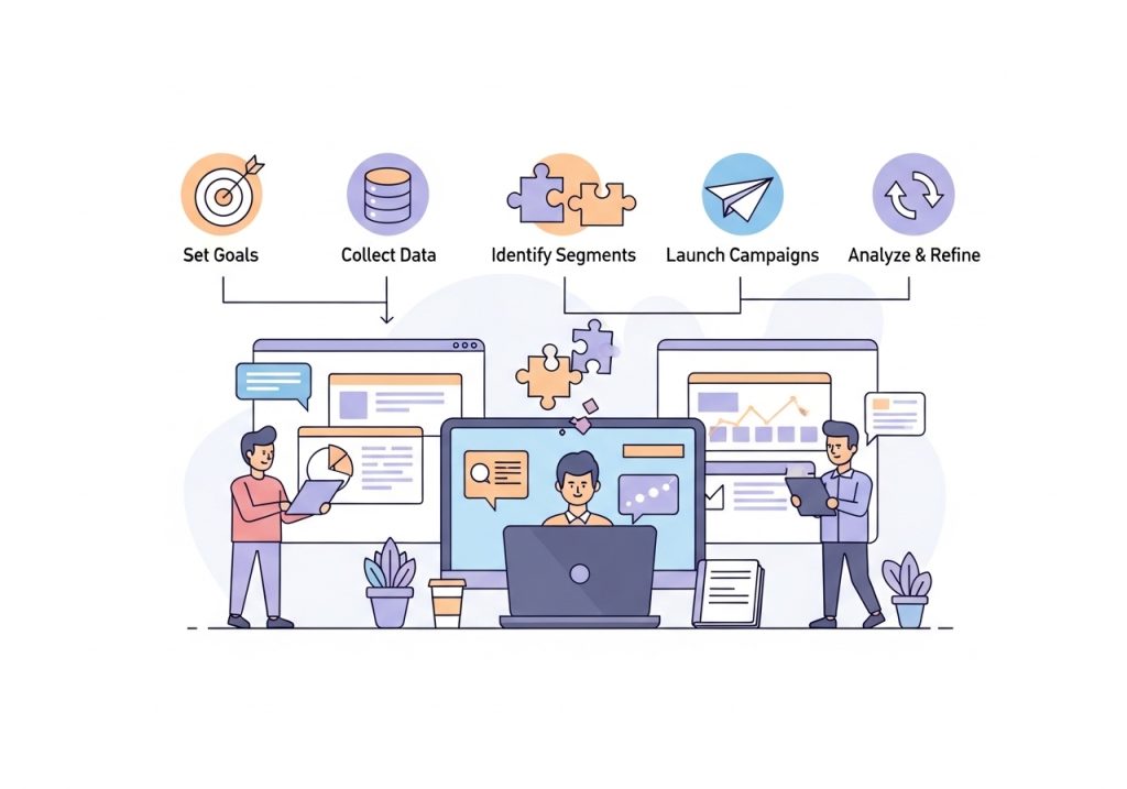 A flowchart showing the five steps to implement a behavioral segmentation marketing strategy, from setting goals to refining campaigns.