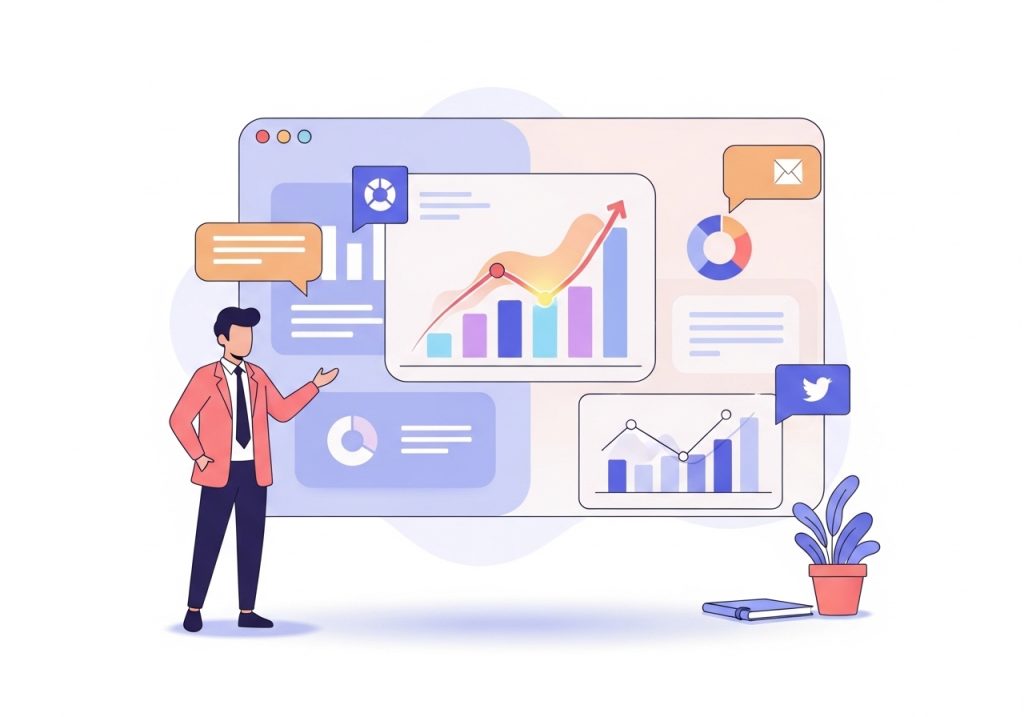 Vector graphic showing analytics and positive ROI charts from an influencer marketing campaign.