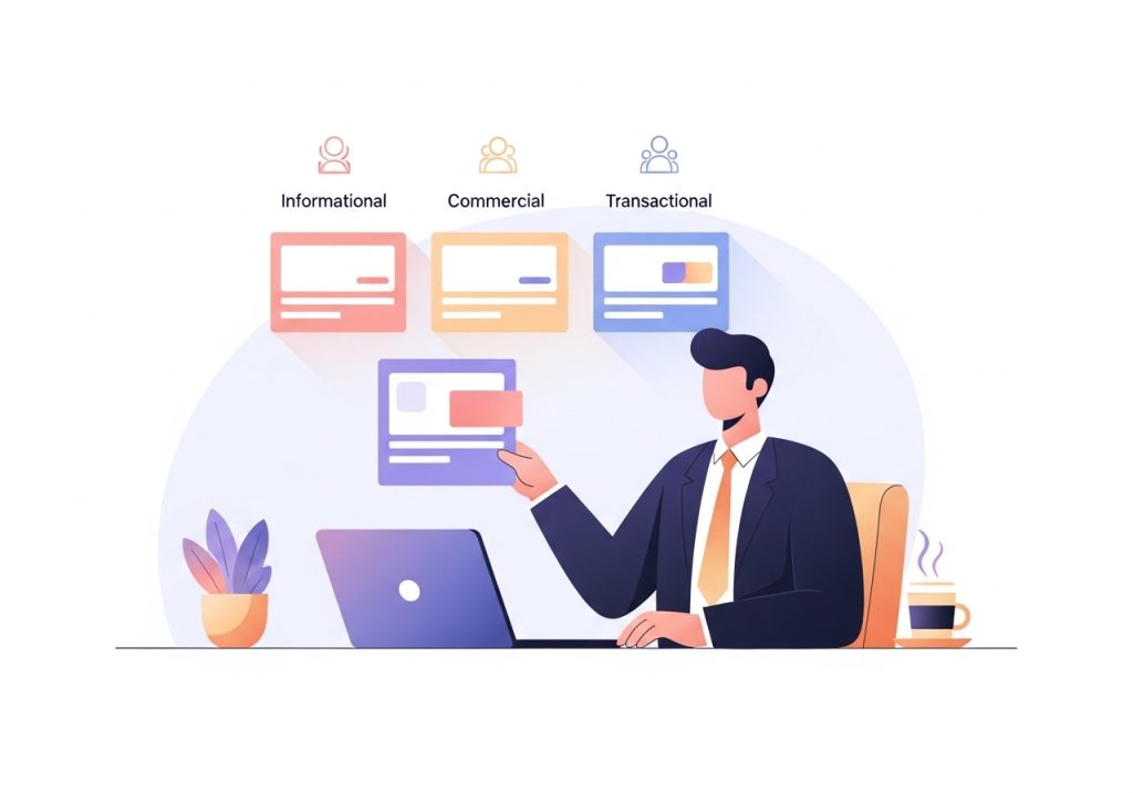A professional organizing keywords by search intent for prioritization.