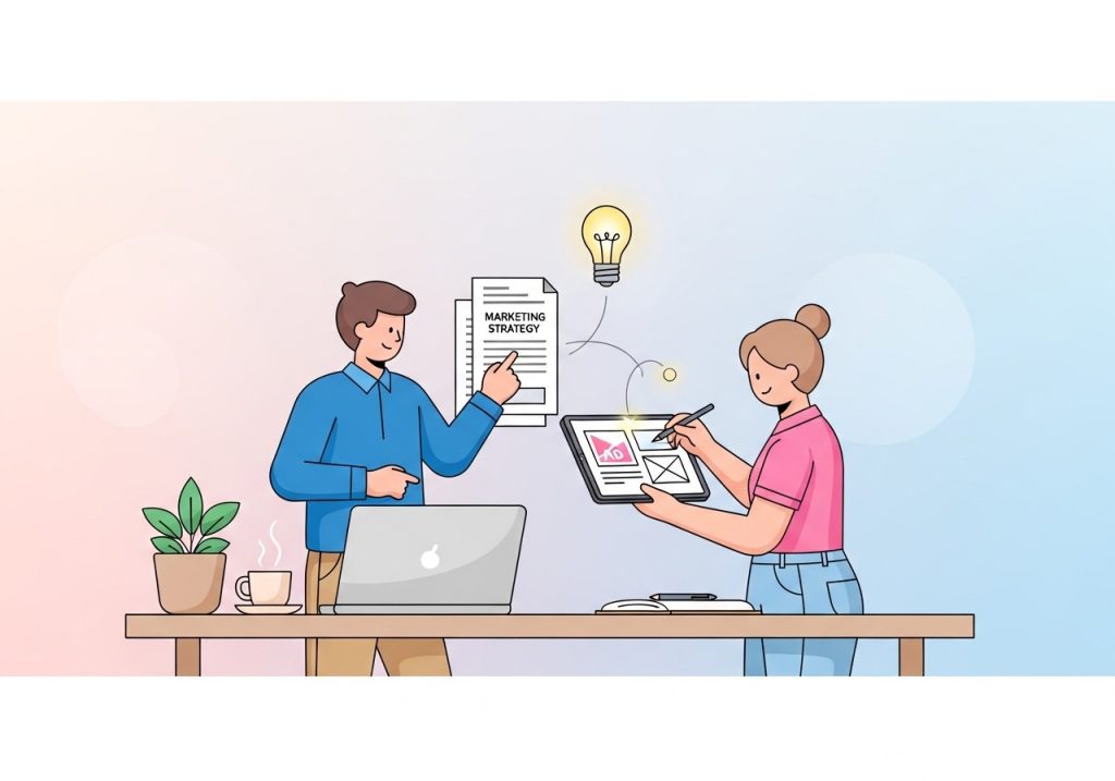 An image showing how marketing strategy and advertising campaigns work together, with two people collaborating on a project.