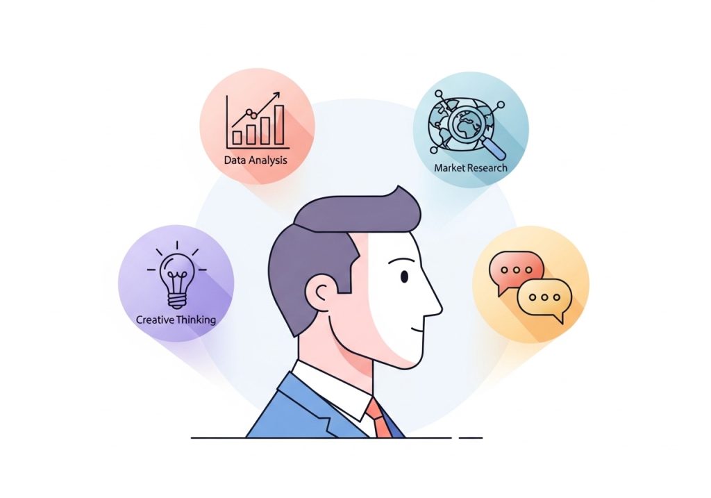 Icons representing the essential skills of a marketing strategist: data analysis, research, creativity, and communication.