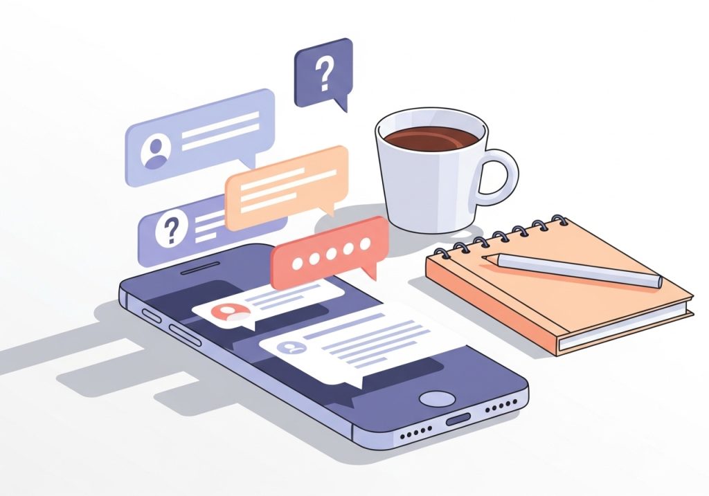 An illustration showing research into online communities and forums on a smartphone to find customer questions.