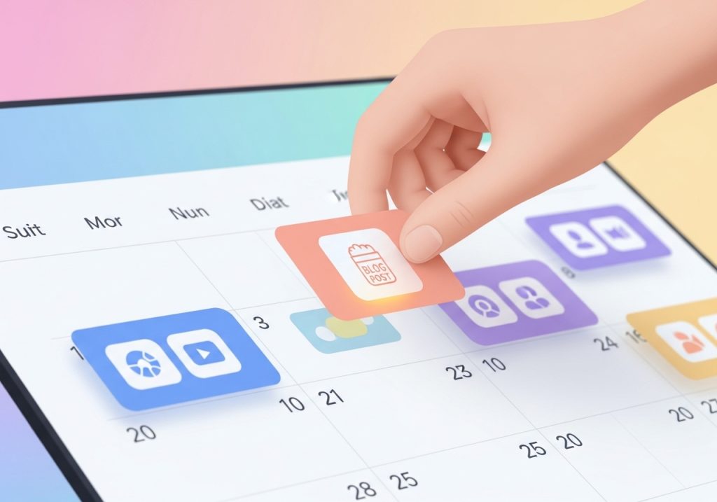 A digital content calendar being populated with content cards and publishing dates.