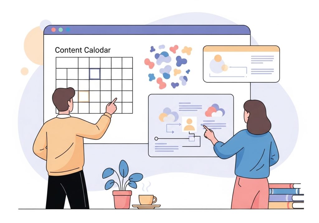 A vector image of a team planning a data-driven content strategy to improve SEO performance.