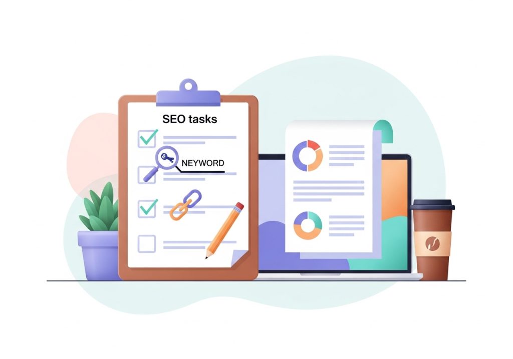 An illustration showing the core responsibilities of an SEO copywriter, including keyword research and on-page optimization.