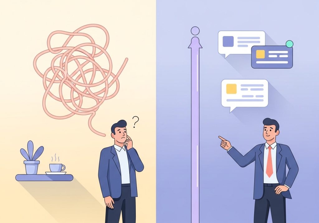 An illustration showing the concept of solving bottlenecks in a content workflow, moving from chaos to clarity.