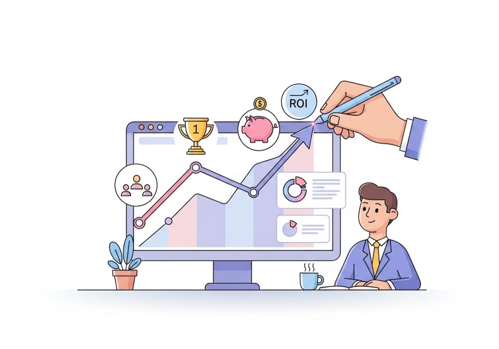 An upward-trending graph showing how a marketing strategist drives business growth, ROI, and customer acquisition.