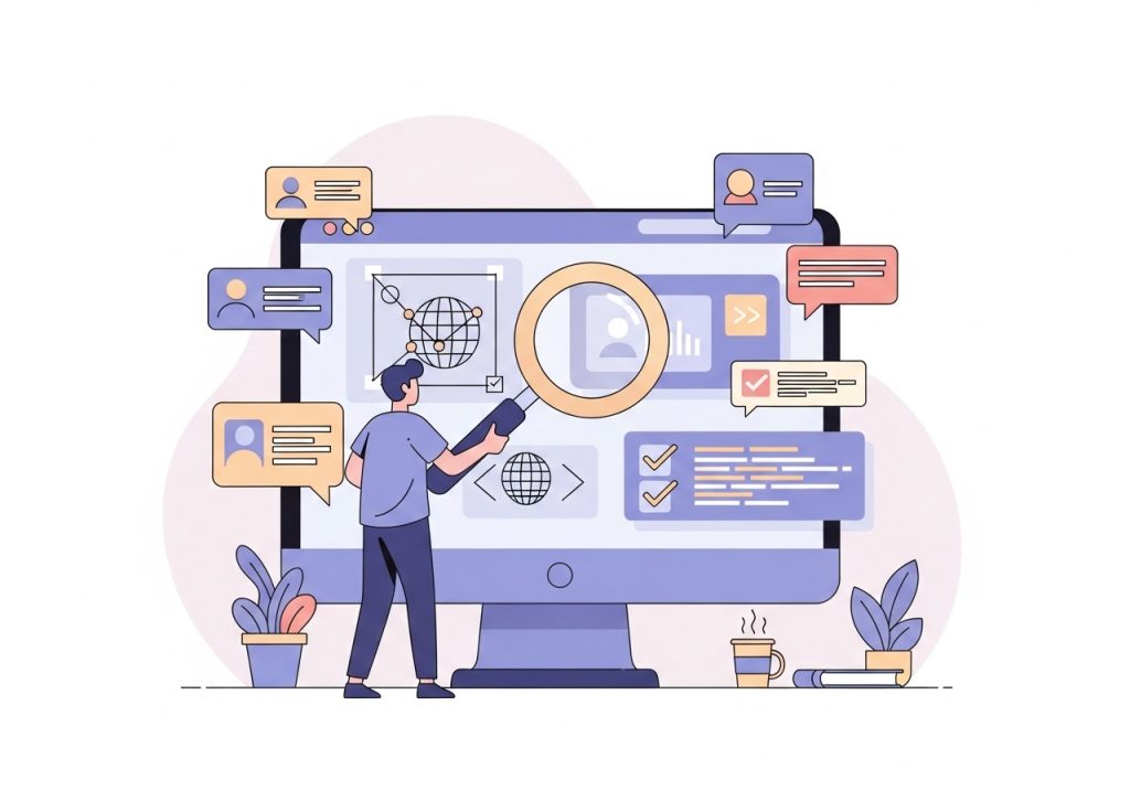 An illustration of a technical SEO audit being performed on a website to improve search performance.