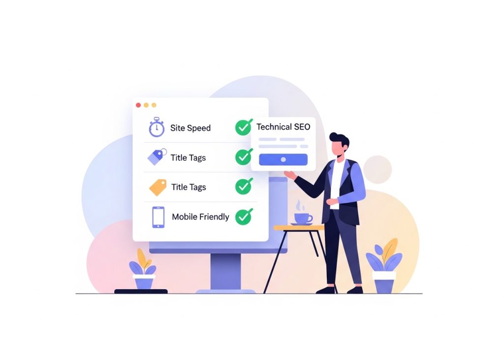 A technical SEO audit checklist is shown in an illustration, a key part of increasing organic website traffic.