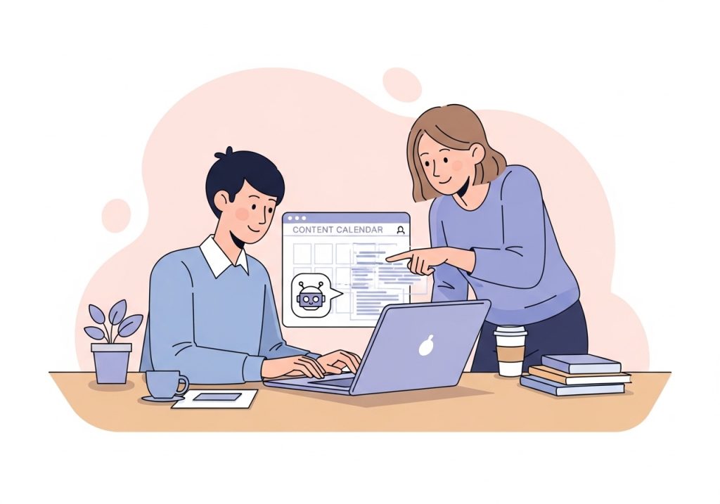 Content creators collaborating with an AI assistant to produce high-quality, authentic blog posts.