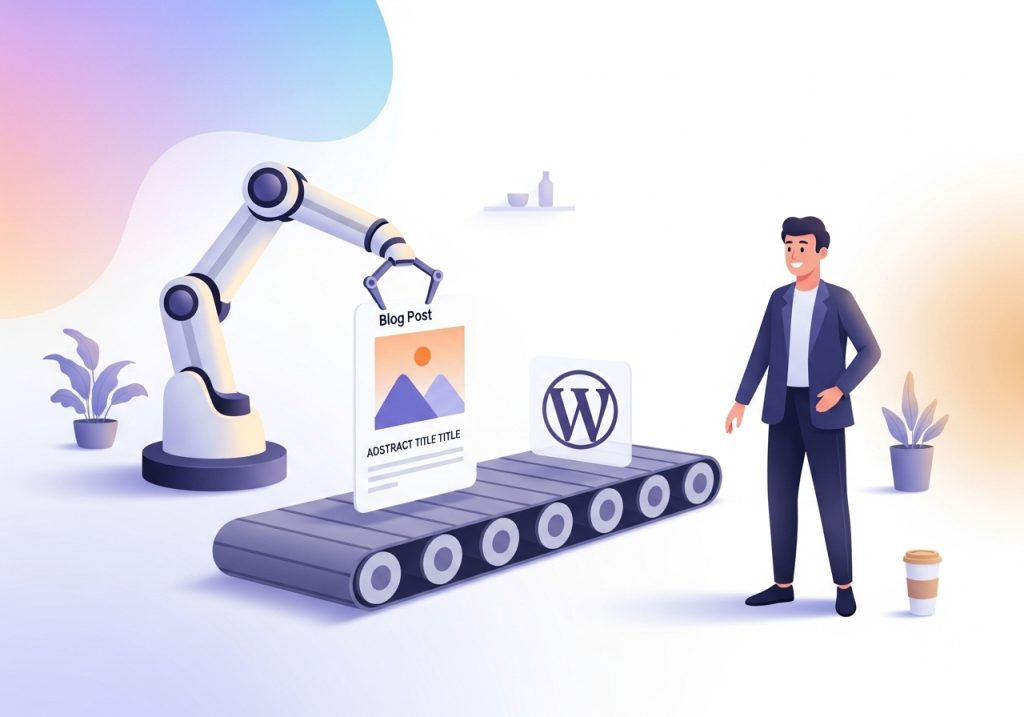 Illustration showing AI automation streamlining the content creation process for a WordPress blog.
