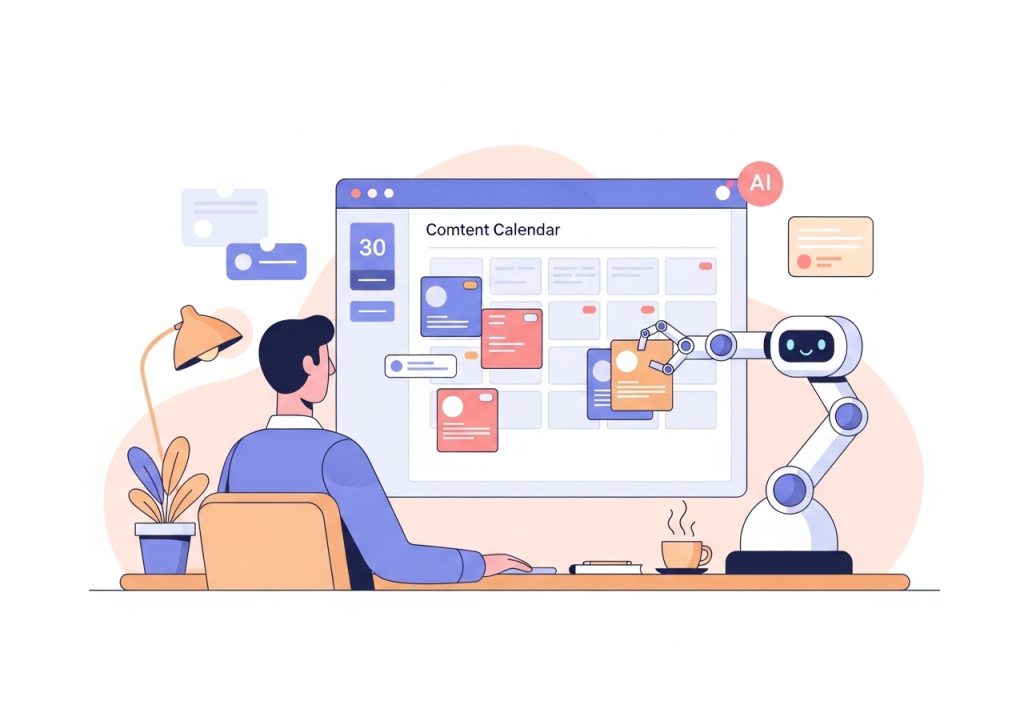 Illustration of AI automating a content calendar, representing efficiency in SEO content marketing.