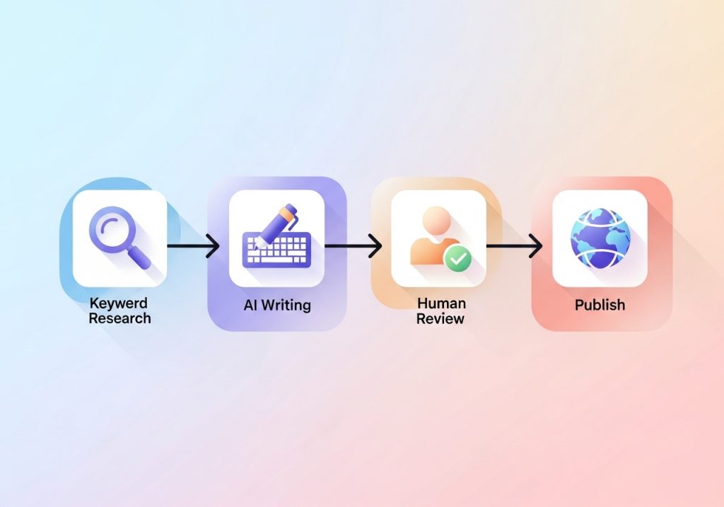 A diagram showing the workflow for integrating AI content creation, from research to publishing.