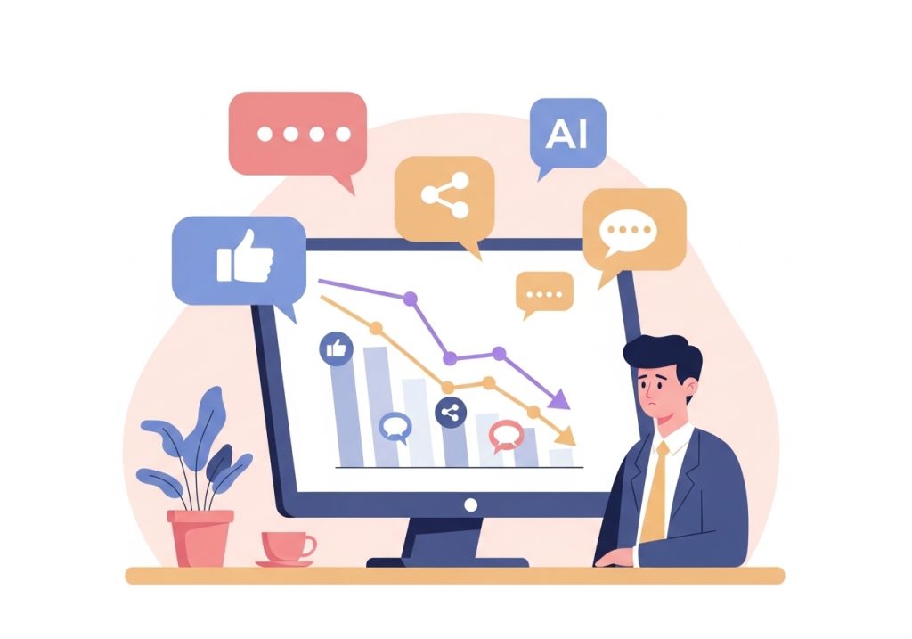 Illustration of declining engagement metrics caused by the overuse of common AI words in content.