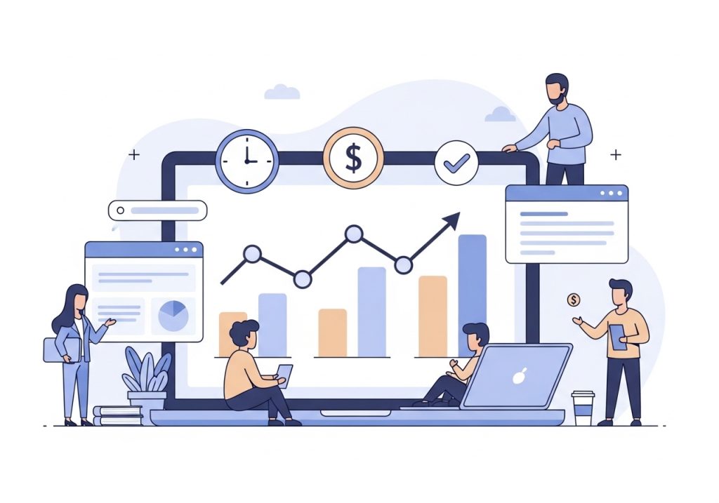 Vector art showing charts with upward trends, symbolizing the efficiency gains from automated content creation.