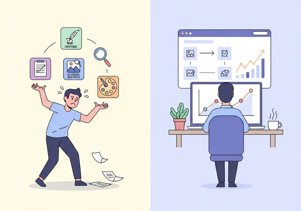 Illustration comparing manual content creation with the efficiency of an automated content workflow.