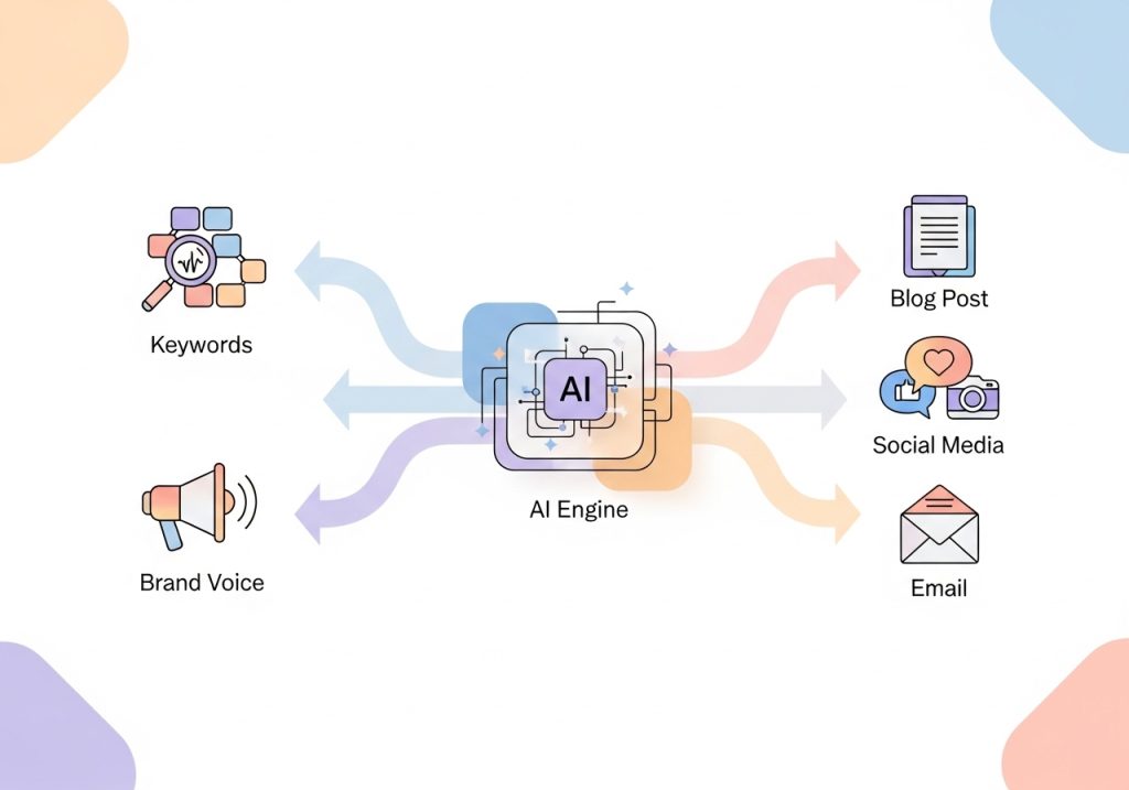 A flowchart explaining how content automation marketing platforms turn inputs like keywords into published content.