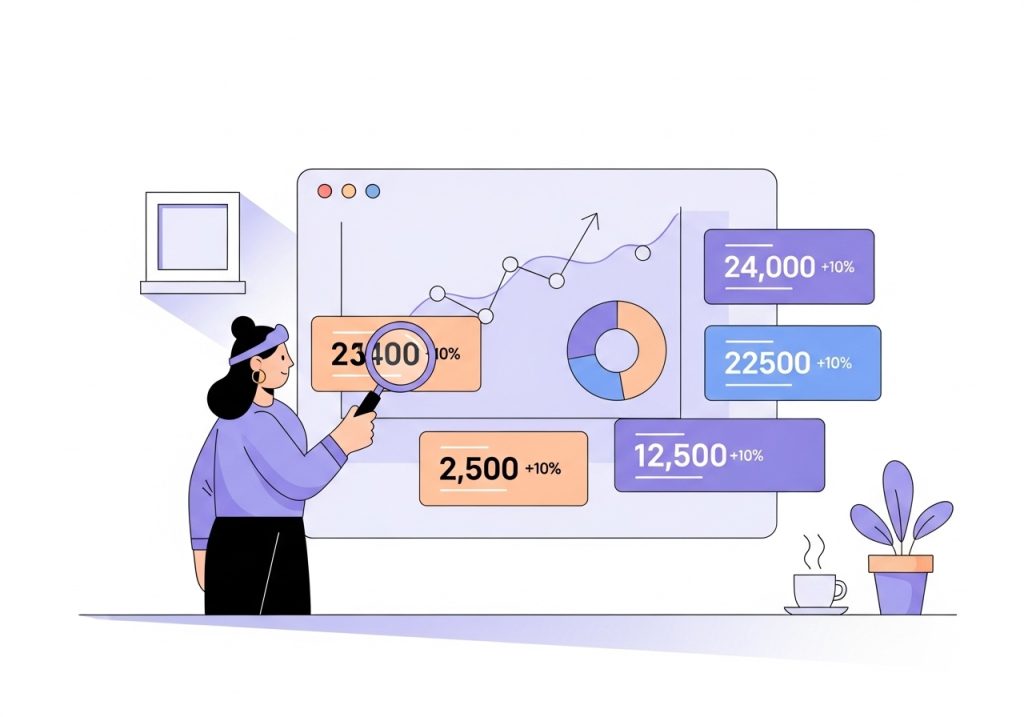 An illustration of a marketer analyzing a dashboard showing the positive ROI of automated content marketing.